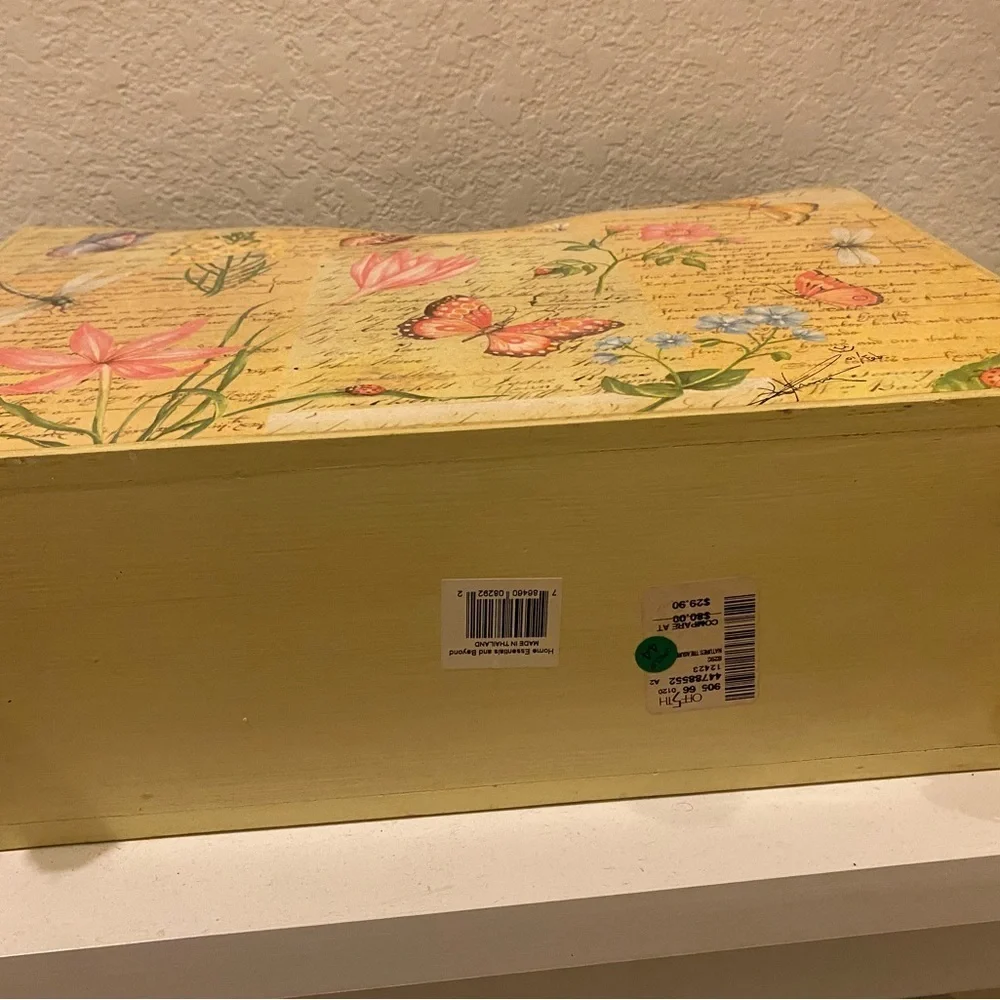 Signed Vintage Off 5th Yellow Floral Butterfly Country Wood Magazine Holder 15”H
